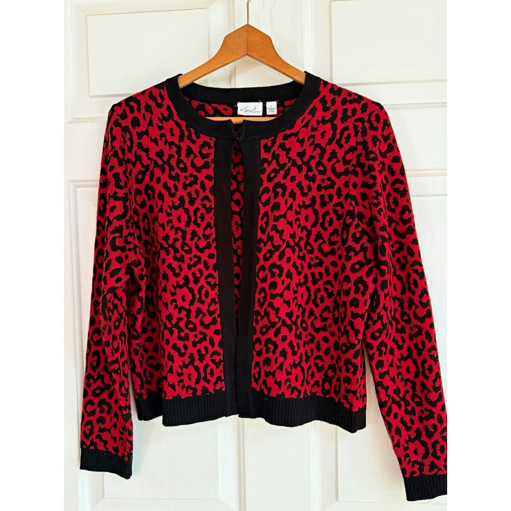Kim Rogers Women's Red/Black Leopard Print Full Zip Knit Cardigan Sweater L